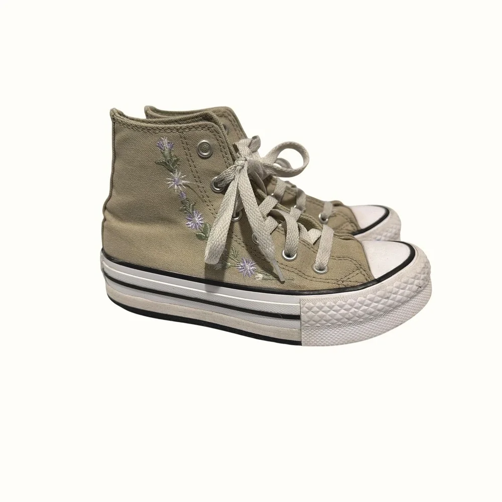 Converse All Star High Top Kids Sneakers Tan Canvas Floral Embroidery Purple